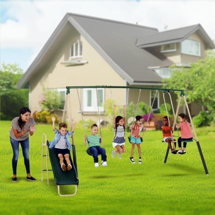 XDP Recreation Central Park Swing Set, 6 Child Capacity, Backyard Playset with Slide, Trapeze, Fun-Glider, and 2 Traditional Swing Seats, Green - Image 5