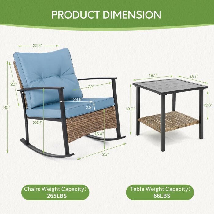 Wicker Rocking Chairs for Outdoors 3 Piece, Patio Rocking Chairs Set of 2, Patio Furniture Set, Small Outdoor Set for Porch, Poolside, Balcony and Yard, Blue - Image 5