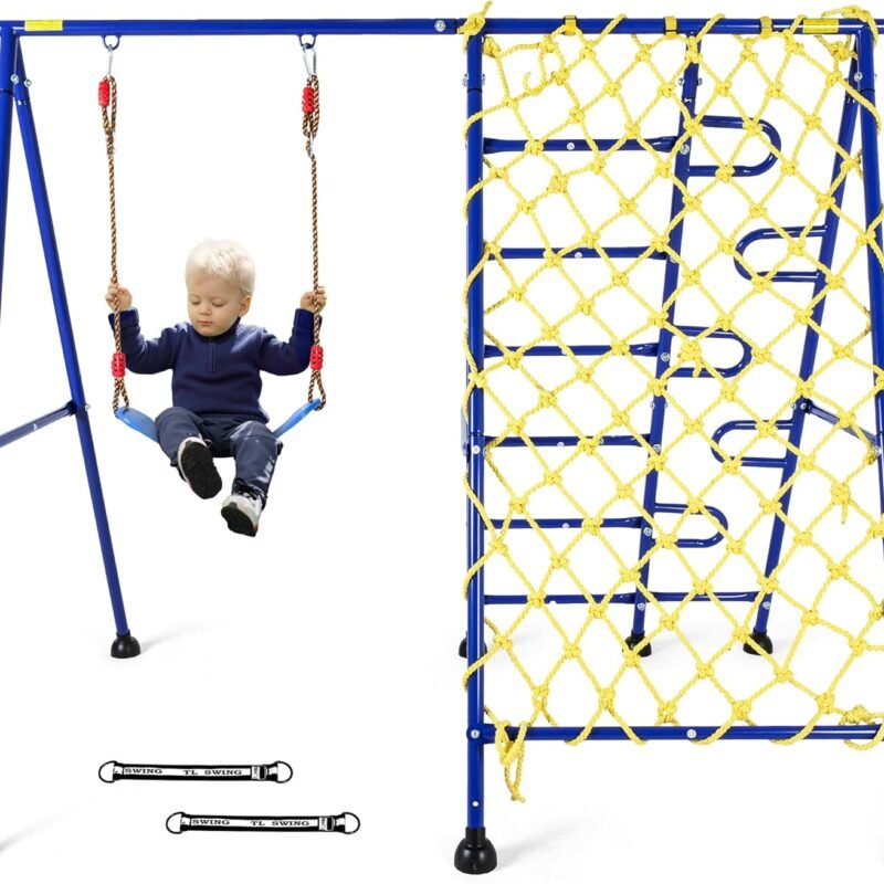 leikefitness Swing Sets for Backyard Heavy Duty Metal Swing Frame Saucer Swing for Indoor Outdoor Activities A Frame Metal Swing Set with 2 Swing Seats (AB3300-00 Blue), AW3000