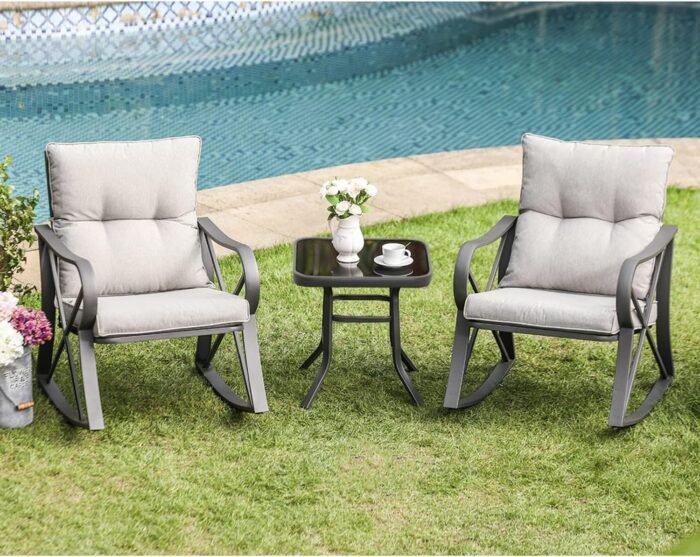COSIEST 3 Piece Bistro Set Patio Rocking Chairs Outdoor Furniture w Warm Gray Cushions, Glass-Top Table for Garden, Pool, Backyard - Image 3