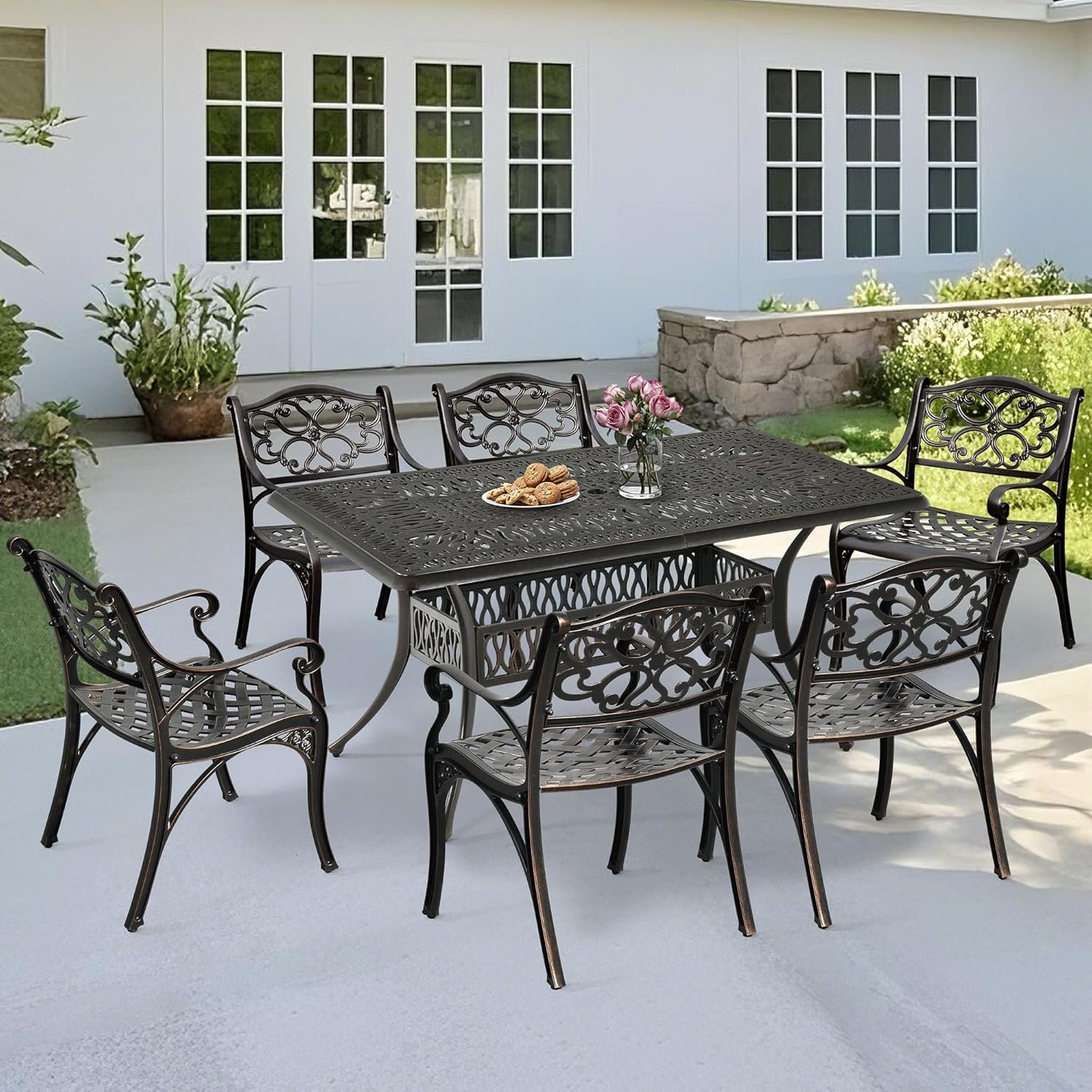 DWVO 7-Piece Outdoor Furniture Cast Aluminum Patio Dining Sets, All-Weather Patio Bistro Sets with 6 Chairs, 59 Inches Round Table with Umbrella Hole, Adjustable Feet for Balcony Backyard Deck Garden - Image 3
