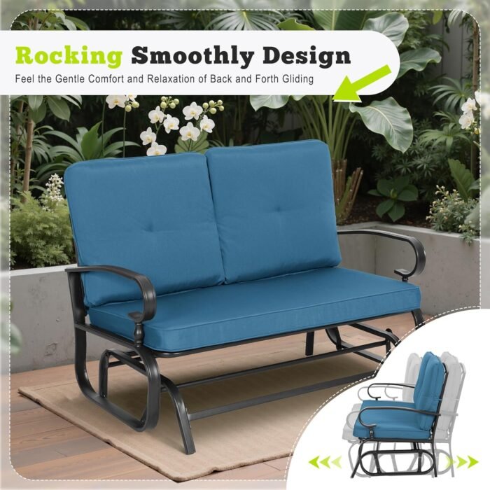 Incbruce Outdoor Rocking Chair with Cushion Glider Bench for 2 Person, Seating Loveseat Steel Frame for Porch, Patio, Garden (Peacock Blue) - Image 6