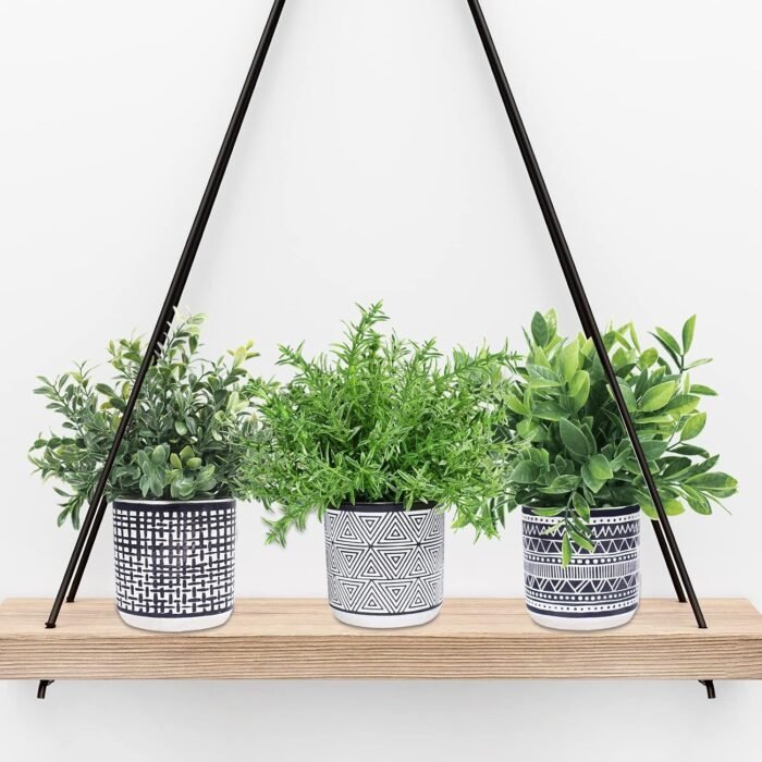 Winlyn Set of 3 Small Potted Plants Artificial Eucalyptus Rosemary Boxwood Plants in Black and White Geometric Pots for Table Centerpiece Kitchen Counter Windowsill Indoor Outdoor Garden Greens Decor - Image 5
