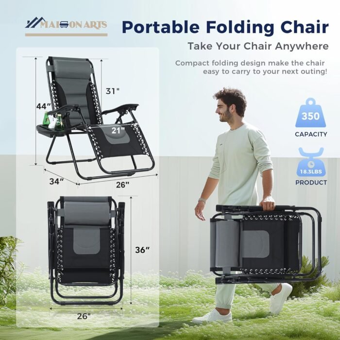 MAISON ARTS Padded Zero Gravity Lawn Chair Foldable Patio Recliner Anti Gravity Lounge Chair w/Pillow & Cup Holder Outdoor Camp Chair for Poolside Backyard Beach, Support 350LBS, Grey - Image 2