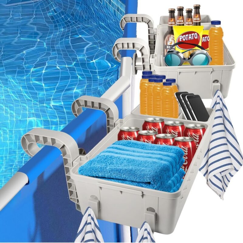 2 Sets of Poolside Storage Basket, Above Ground Pool Accessories Perfect for 3-Inch or Smaller Top Rails, Swimming Pool Storage Basket with Pool Cup Holder Fits for Most Frame Swimming Pools
