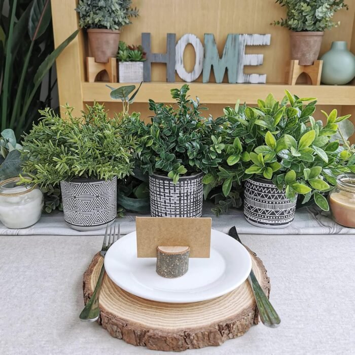 Winlyn Set of 3 Small Potted Plants Artificial Eucalyptus Rosemary Boxwood Plants in Black and White Geometric Pots for Table Centerpiece Kitchen Counter Windowsill Indoor Outdoor Garden Greens Decor - Image 3