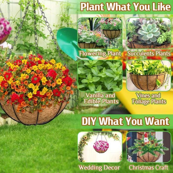 ZeeDix Hanging Baskets for Plants Outdoor-3 Pack 12 Inch Hanging Planters with Coconut Liners, Metal Round Hanging Planter for Flowers Vegetables - Image 4