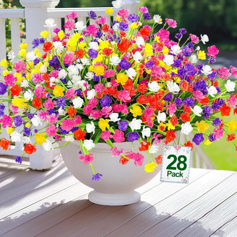 TURNMEON 28 Bundles Artificial Flowers for Outdoors Fake Plants, UV Resistant Faux Plastic Artificial Plants Cemetery Flowers for Spring Summer Decor Window Box Porch Indoor Home Decor (Mix Colors)