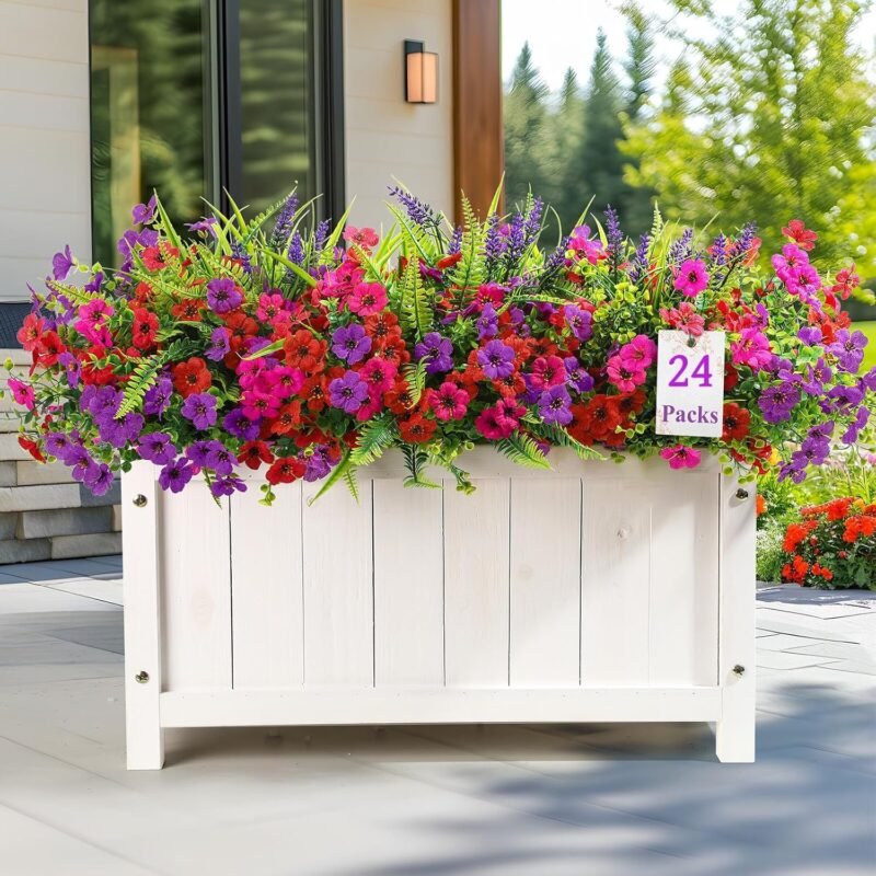 24 Bundles Artificial Flowers for Outdoors Spring Summer Decoration, UV Resistant Eucalyptus Violet and Lavender Silk Fake Plants for Outside Indoor Yard Home Patio Decor, Red Rose Purple