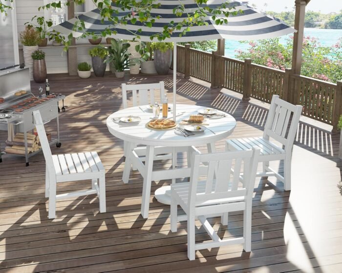 AMERLIFE 5 Piece HDPE Outdoor Dining Tables and Chairs, All-Weather Patio Outdoor Furniture with Umbrella Hole, Round Table for Garden, Backyard, Seaside, White