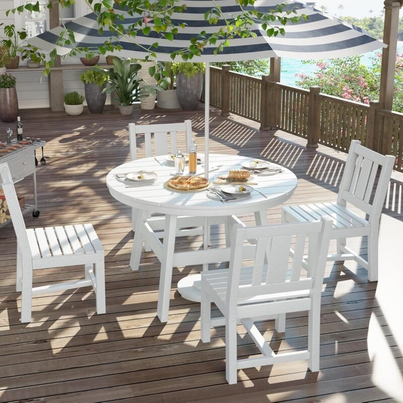 AMERLIFE 5 Piece HDPE Outdoor Dining Tables and Chairs, All-Weather Patio Outdoor Furniture with Umbrella Hole, Round Table for Garden, Backyard, Seaside, White