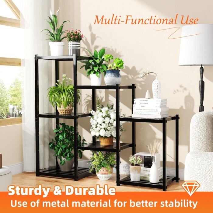 Simple Trending Plant Stand Indoor Outdoor, Heavy Duty Metal Waterproof 7 Tiered Plant Shelf for Multiple Flower Planter Holder Tall Large Rack, Black - Image 2