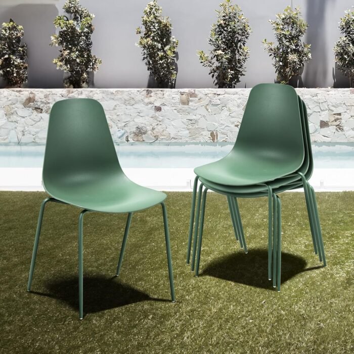 Outdoor Dining Chairs Set of 4, Plastic Stackable Patio Chairs, Modern Kitchen Cafe Chairs with Metal Legs for Garden/Balcony/Bistro/Dining Room, Green - Image 4