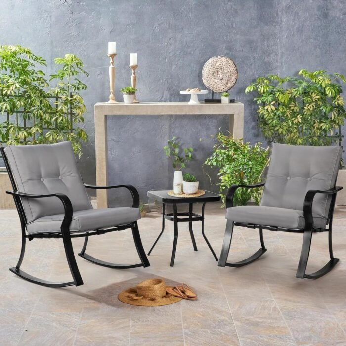 SOLAURA 3-Piece Outdoor Rocking Chairs Bistro Set, Black Iron Patio Furniture with Gray Thickened Cushion & Glass-Top Coffee Table - Image 4