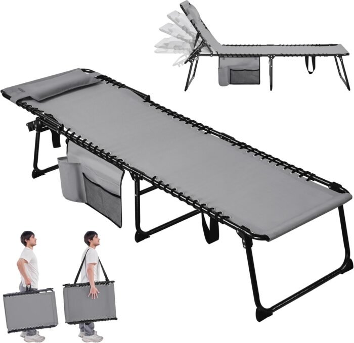 Yaheetech 22.4" Outdoor Folding Tanning Chair, Chaise Lounge Chairs with 5 Back Position Adjustable, Extended Portable Lounger for Beach, Patio, Gray