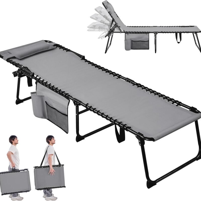 Yaheetech 22.4" Outdoor Folding Tanning Chair, Chaise Lounge Chairs with 5 Back Position Adjustable, Extended Portable Lounger for Beach, Patio, Gray