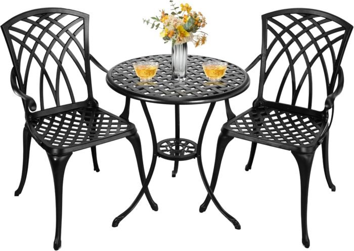 3 Piece Outdoor Bistro Set,All Weather Cast Aluminum Patio Table and Chairs Set of 2 with 1.97" Umbrella Hole,Outdoor Dining Set Patio Bistro Set for Garden,Porch,Balcony,Black - Image 7