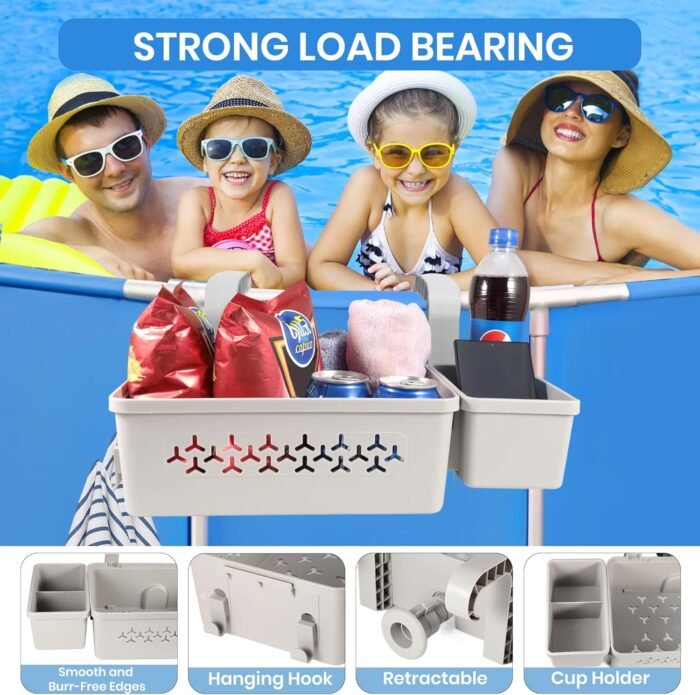 2 Sets of Poolside Storage Basket, Above Ground Pool Accessories Perfect for 3-Inch or Smaller Top Rails, Swimming Pool Storage Basket with Pool Cup Holder Fits for Most Frame Swimming Pools - Image 5