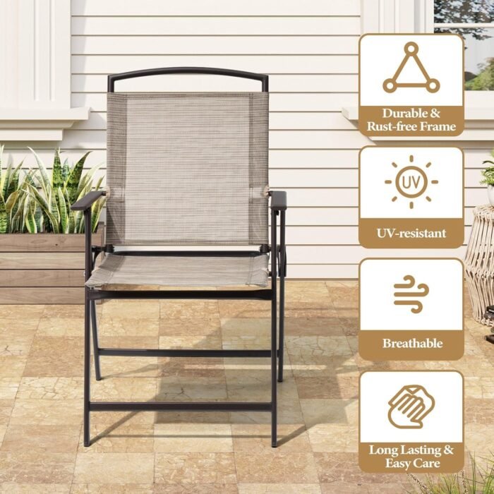 Crestlive Products 5 Piece Patio Dining Set with 4 Folding Chairs and Table Outdoor Dining Furniture with Square Glass Tabletop, Umbrella Hole for Bistro, Garden, Backyard, Deck (Beige) - Image 6