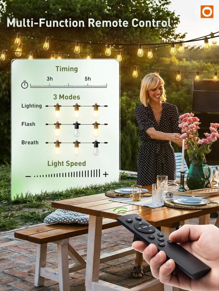 addlon 100FT LED Outdoor String Lights, Remote Dimmable Patio Lights with Timer & 3 Lighting Modes, 32 Shatterproof Edison Bulbs, Waterproof Connectable String Lights for Outside Backyard Porch Party - Image 4
