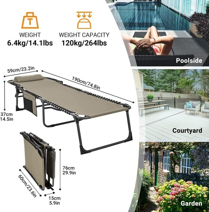 KingCamp Lounge Chair Outdoor, Folding Portable Tanning Chairs Comfy Adjustable 5-Position Lay Flat Foldable Chaise Chaser Lounger with Pillow for Outside Beach Patio Sun bathing Backyard Pool, Beige - Image 3