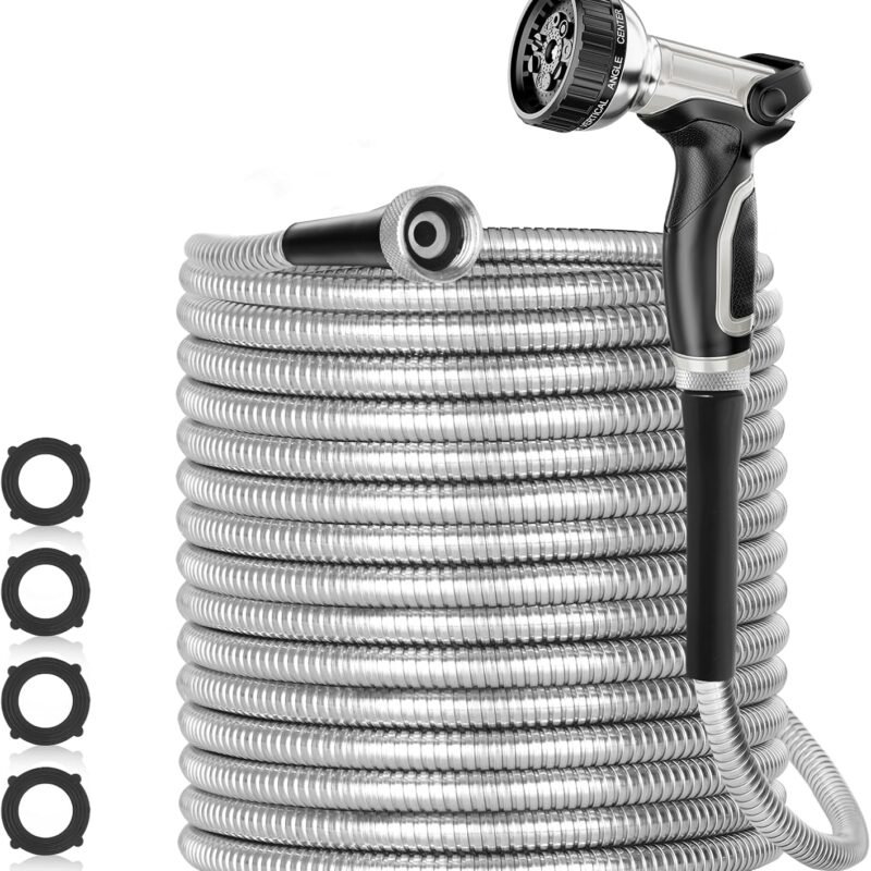 50ft 304 Stainless Steel Garden Hose Metal, Heavy Duty Water Pipe with Nozzles for Yard, Outdoor - Flexible, Never Kink & Tangle, Puncture Resistant (Sliver)