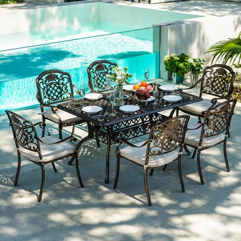 7-Piece Patio Furniture Dining Set, All-Weather Cast Aluminum Outdoor Table and Chairs for 6, Includes 6 Dining Chairs and 60’’Rectangular Dining Table with Umbrella Hole, Beige