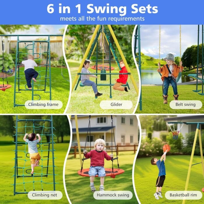Metal Swing Sets for Backyard for Kids 3-12, 6 in 1 Swing Sets, Heavy-Duty Playground Backyard Set with 2 Swings, Glider, Climbing Ladder and Rope - Image 2