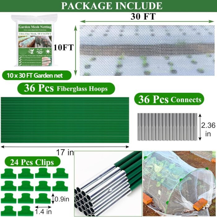 Garden Mesh Netting Kit,10 x 30FT Ultra Fine Netting with 6 Sets Fiberglass Garden Hoops for Raised Beds Vegetable Plants Fruits Greenhouse Row Cover Birds Animals Barrier Protection Net - Image 2