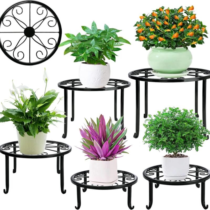 Metal Plant Stand 5 Pack Plant Stands for Indoor Outdoor Plants Multiple Heavy Duty Flower Pot Stand Holder Rustproof Iron Round Plant Shelf for Planter Outdoor Plant Stand for Patio & Garden Décor