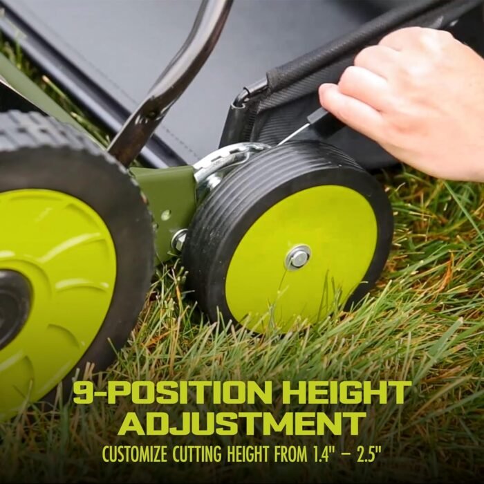 Sun Joe MJ501M w/ 7-Gallon Detachable Grass Catcher, 9-Position Height Adjustment, 5 Steel Blades, Compact Design, 18-Inch Manual, Green/Black - Image 4