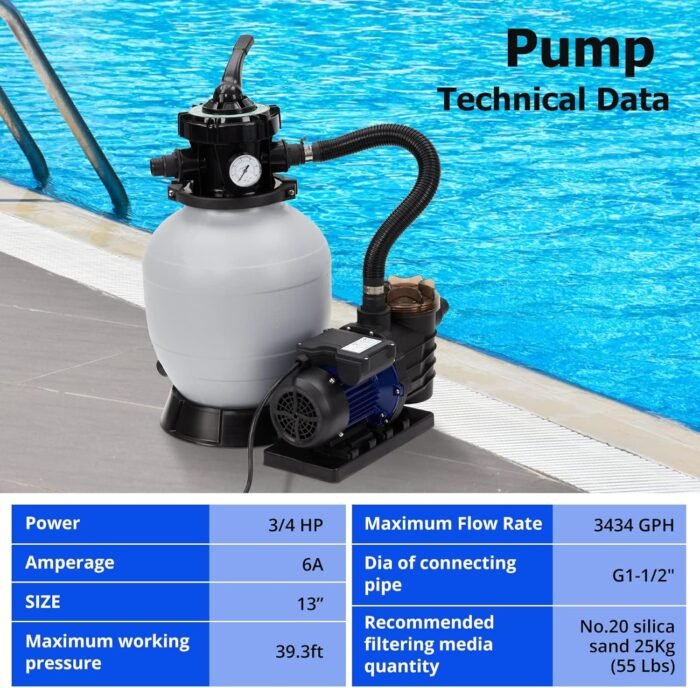 13" Sand Filter 3/4HP Pool Pump Max 3434 GPH High-Flow for Above Ground Swimming Pool Set Multi-Port Valve Up to 8500 Gallons - Image 2