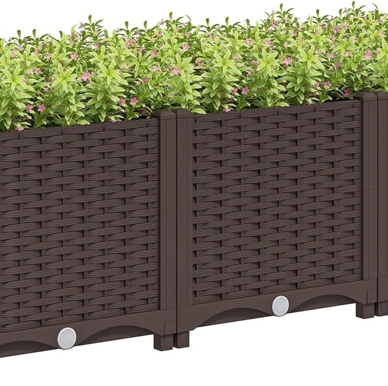 Outsunny 4 x 1 x 1 ft Raised Garden Bed, Indoor Outdoor Plastic Planter Box with Drainage Holes, Drain Plugs and Water Reservoirs for Vegetables, Herbs, Flowers & Succulents, Brown