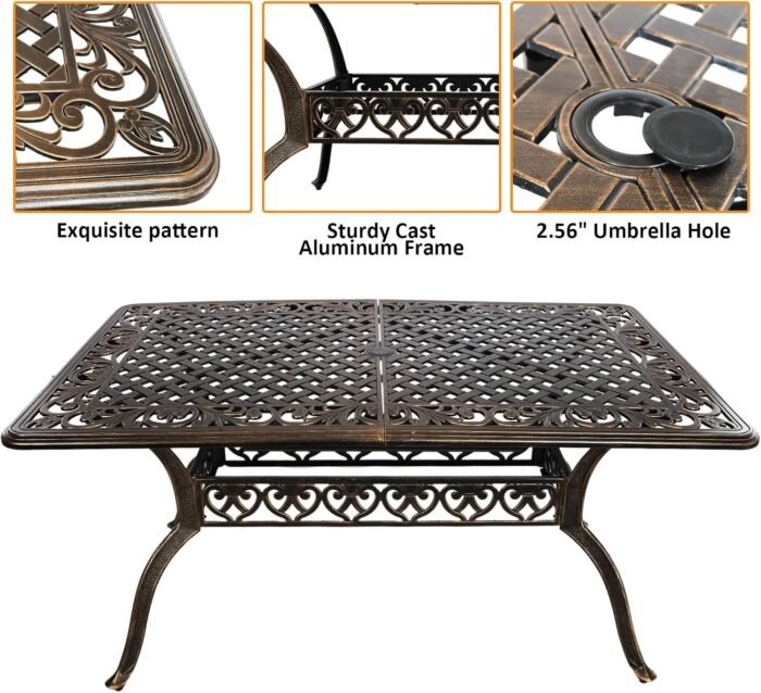7 Piece Patio Dinning Set, Outdoor Cast Aluminum Dinning Set, All Weather Outdoor Dining Set for Garden, Include 6 Chairs and 1 Round Patio Table with Umbrella Hole - Image 9