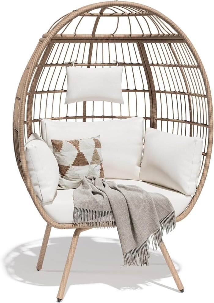 YITAHOME Oversized Egg Chair 450lbs Capacity Wicker Patio Lounger w/Adjustable Headrest, Anti-Rust Steel Frame & All-Weather Rattan, XXL Basket Chair for Outdoor & Indoor - Beige - Image 7