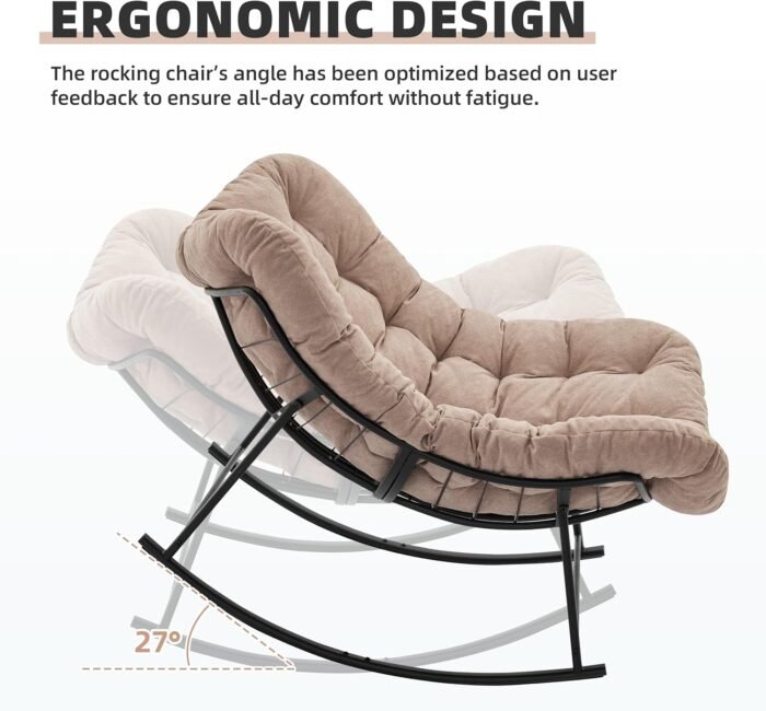 Oversized Rocking Chair Indoor, Papasan Rocking Chair Outdoor, Lounge Chair with Cushion, Patio Egg Rocker Chairs, Comfy Reading Chairs for Bedroom, Living Room, Garden, Lawn, Khaki - Image 3