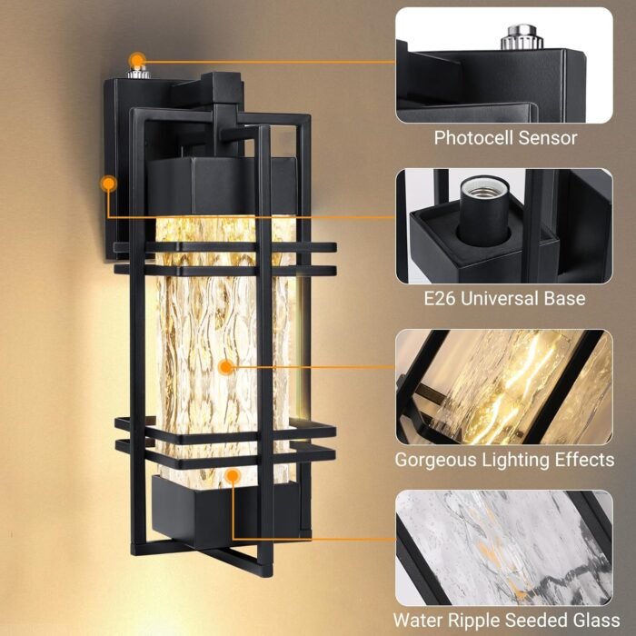 Dusk to Dawn Outdoor Front Porch Light Fixtures Wall Mount,2 Pack Sensor Exterior Lighting Fixtures for House, Waterproof Wall Sconce Lights, Outside Lantern Lamp for Garage, Doorway(Bulb Included) - Image 4