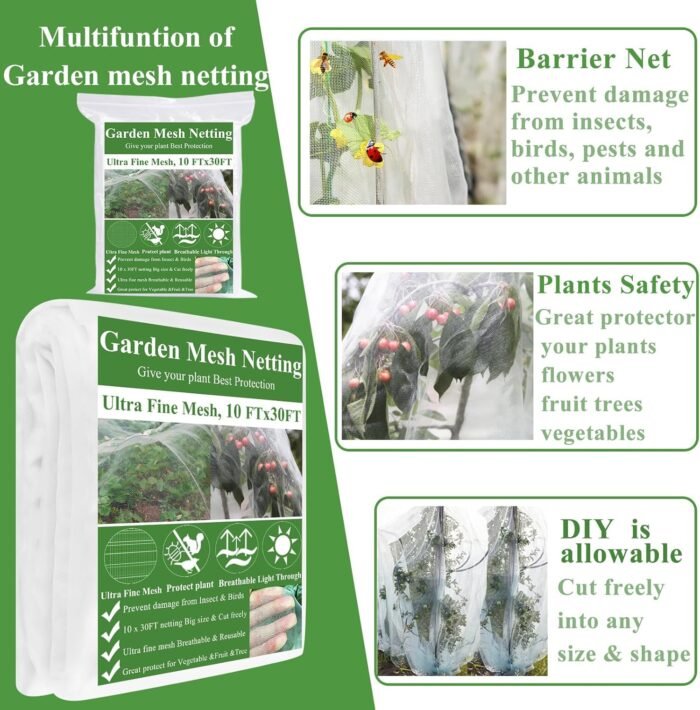 Garden Mesh Netting Kit,10 x 30FT Ultra Fine Netting with 6 Sets Fiberglass Garden Hoops for Raised Beds Vegetable Plants Fruits Greenhouse Row Cover Birds Animals Barrier Protection Net - Image 3