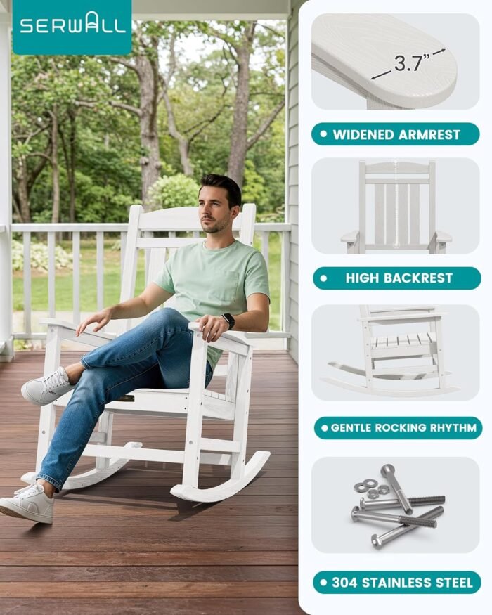 SERWALL Outdoor Rocking Chair Set of 2, HDPE Patio Rocking Chair All-Weather Porch Rocker for Balcony, Yard, White - Image 5