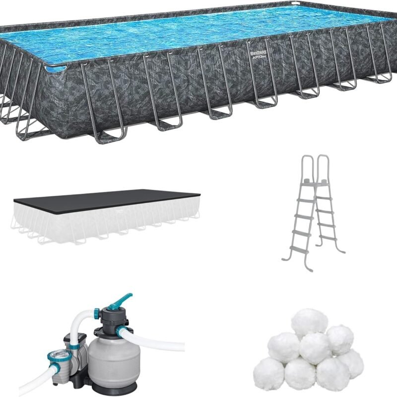 Bestway APX 365 Rectangular Swimming Pool Above Ground Outdoor Backyard Framed Pool Set with Sand Filter Pump, Ladder, and Cover, 31'4" x 16' x 52"