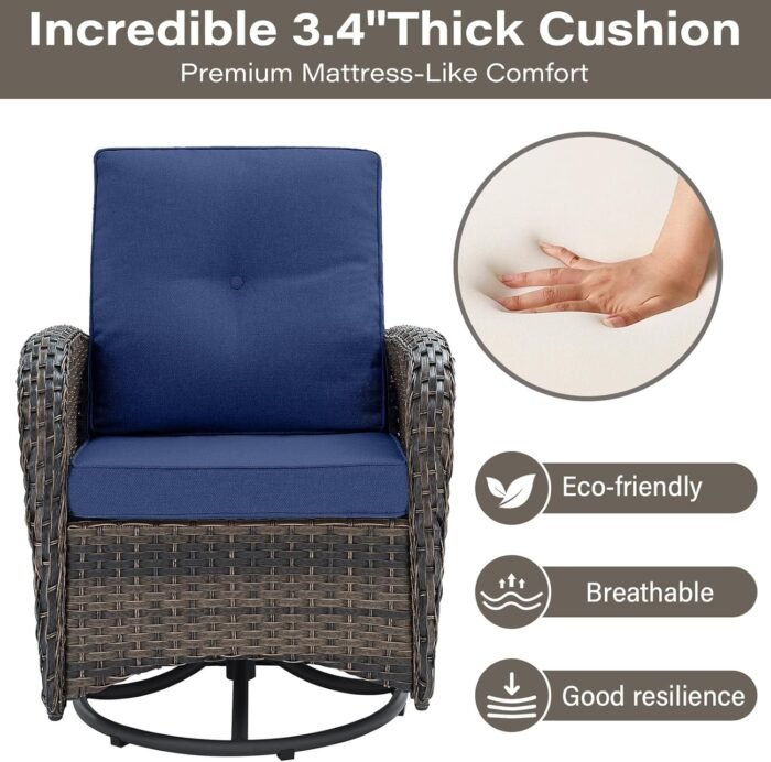 Patio Wicker Chairs Swivel Rocker - Outdoor Swivel Rocking Chairs Set of 2 with Rattan Side Table, Patio Swivel Glider Chair 3 Piece Patio Furniture Sets for Deck Porch Pool Brown/Blue - Image 5
