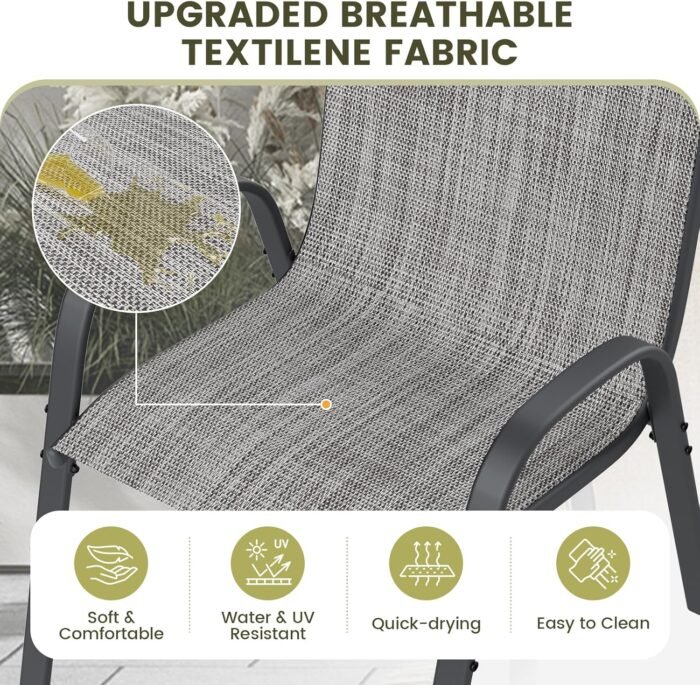 UDPATIO Patio Dining Set for 5, Outdoor Table and Chairs Set with Textured Glass Table, 4 Stackable Patio Chairs, Outdoor Furniture Set for Deck Garden Backyard Lawn Poolside (Light Grey) - Image 5