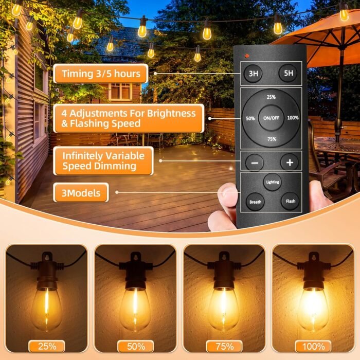 LED Outdoor String Lights Patio - 50FT Dimmable Hanging Light with Remote, Waterproof Shatterproof Edison Bulbs, 3 Modes 2 Timer Outside Lighting Connectable for Graden Porch Backyard Balcony Cafe - Image 2