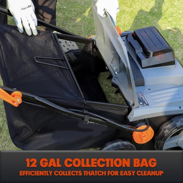 40V 15" 2-in-1 Cordless Electric Dethatcher & Scarifier Compatible with Dewalt 20V MAX Battery(Tool Only), w/12Gal Thatch Collection Bag, 5-Depth Adjustment, Quick-Fold, Walk Behind for Lawn Care - Image 8