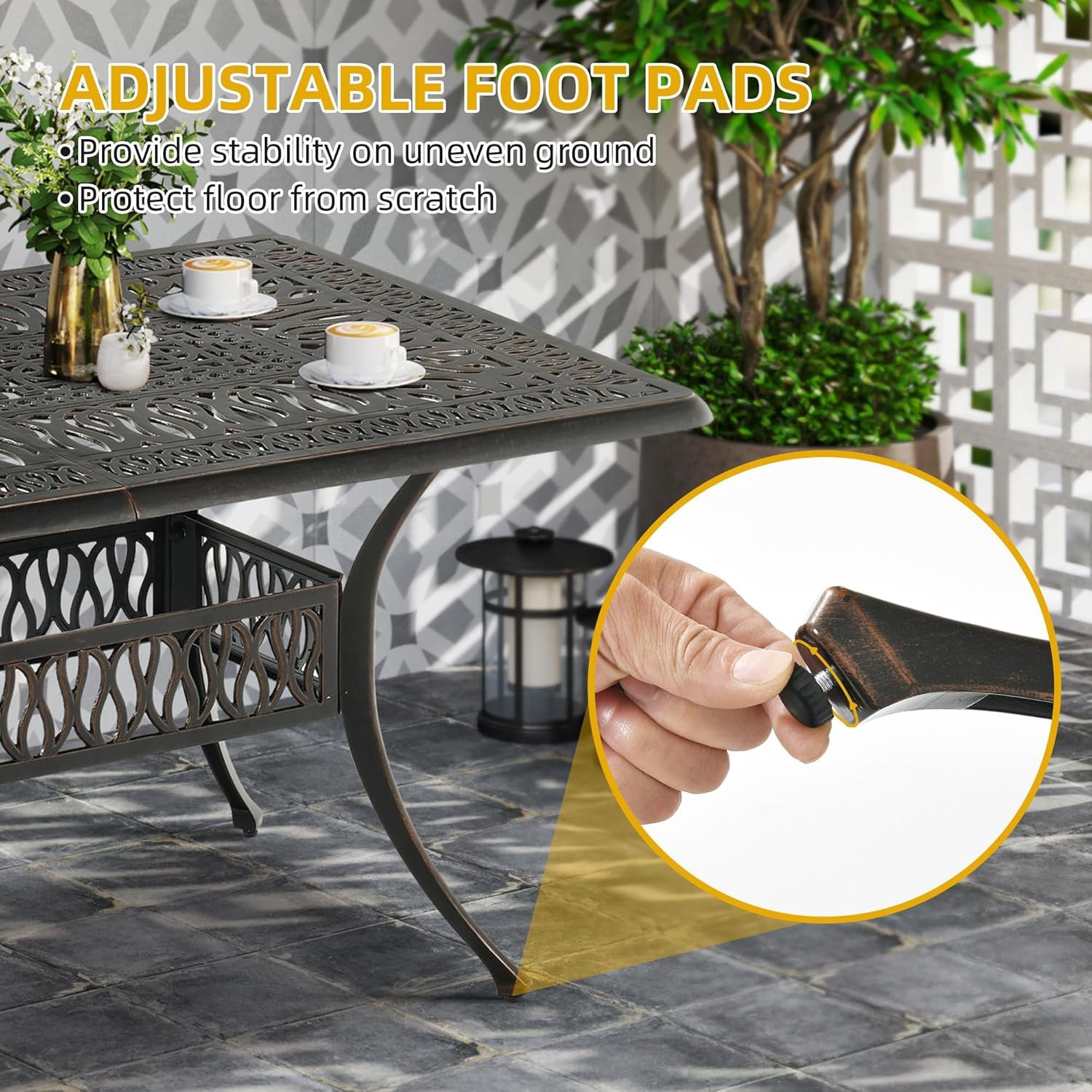 DWVO 7-Piece Outdoor Furniture Cast Aluminum Patio Dining Sets, All-Weather Patio Bistro Sets with 6 Chairs, 59 Inches Round Table with Umbrella Hole, Adjustable Feet for Balcony Backyard Deck Garden - Image 7