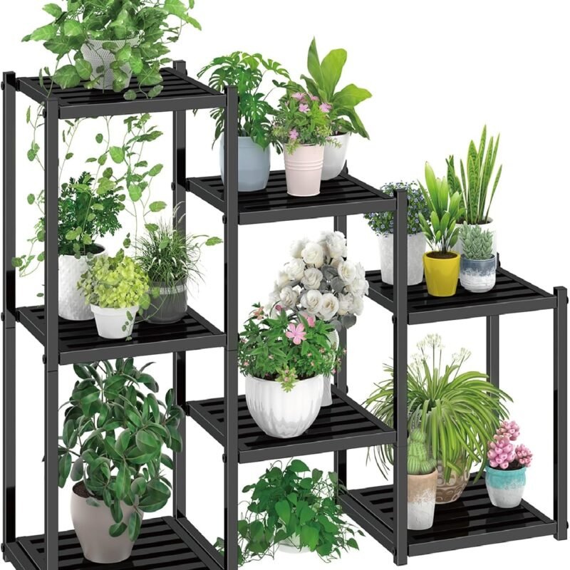 Simple Trending Plant Stand Indoor Outdoor, Heavy Duty Metal Waterproof 7 Tiered Plant Shelf for Multiple Flower Planter Holder Tall Large Rack, Black