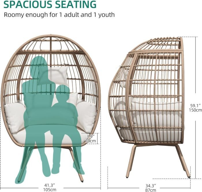 YITAHOME Oversized Egg Chair 450lbs Capacity Wicker Patio Lounger w/Adjustable Headrest, Anti-Rust Steel Frame & All-Weather Rattan, XXL Basket Chair for Outdoor & Indoor - Beige - Image 5