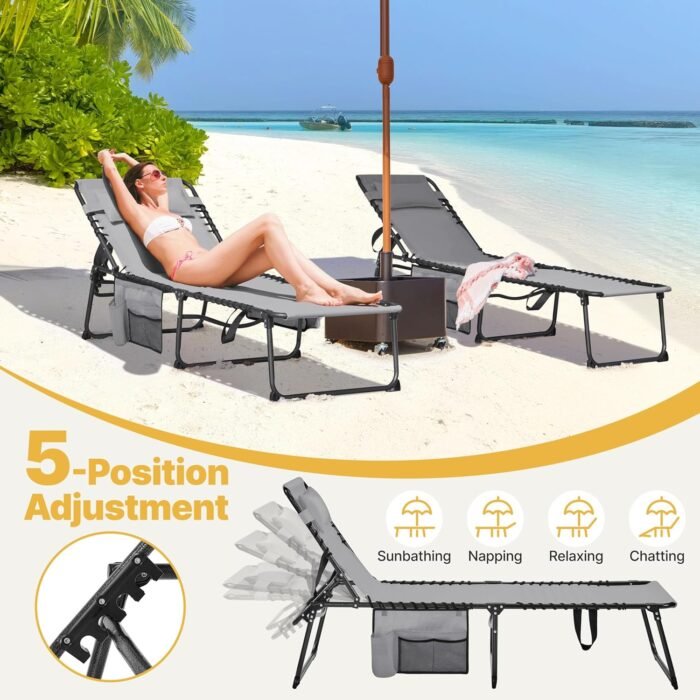 Yaheetech 22.4" Outdoor Folding Tanning Chair, Chaise Lounge Chairs with 5 Back Position Adjustable, Extended Portable Lounger for Beach, Patio, Gray - Image 5