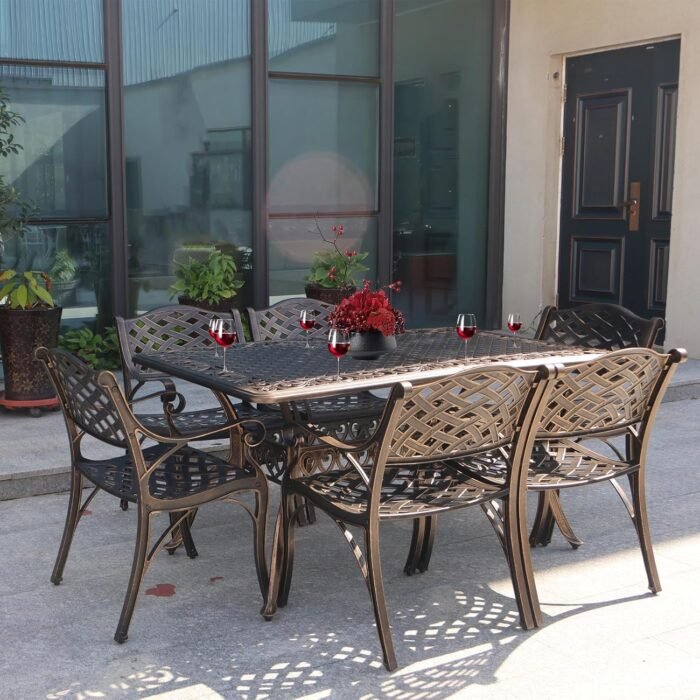 7 Piece Patio Dinning Set, Outdoor Cast Aluminum Dinning Set, All Weather Outdoor Dining Set for Garden, Include 6 Chairs and 1 Round Patio Table with Umbrella Hole - Image 6