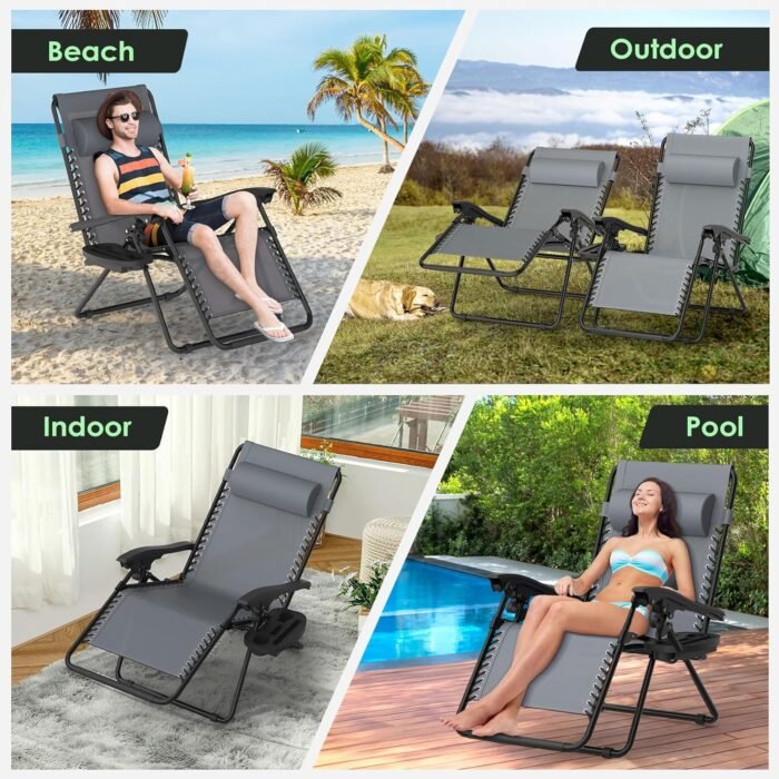 Suteck Zero Gravity Chairs Set of 2, Zero Gravity Lounge Chair w/Upgraded Lock, Big Cup Holder and Pillow, Reclining Patio Chairs Folding Recliner for Indoor and Outdoor - Image 8